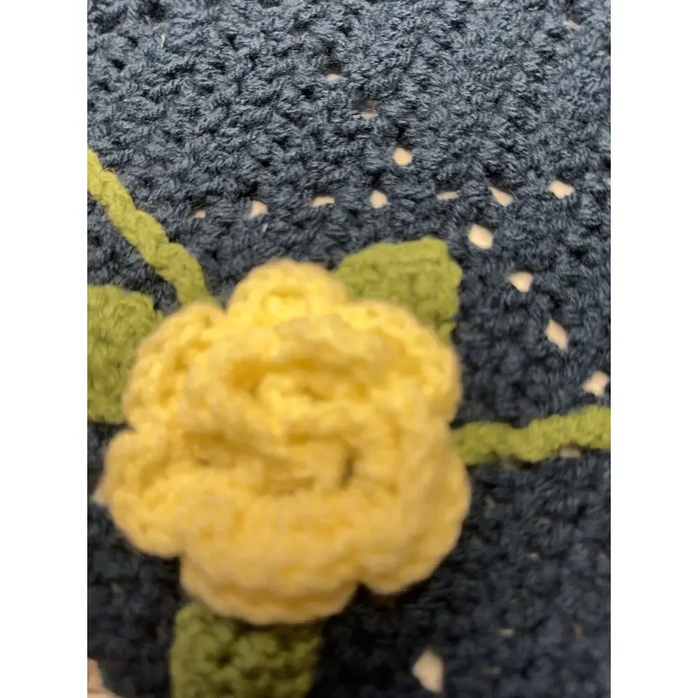 Vintage Crochet Floral Afghan Throw Blue Yellow Flowers 57x67 Cottagecore‎